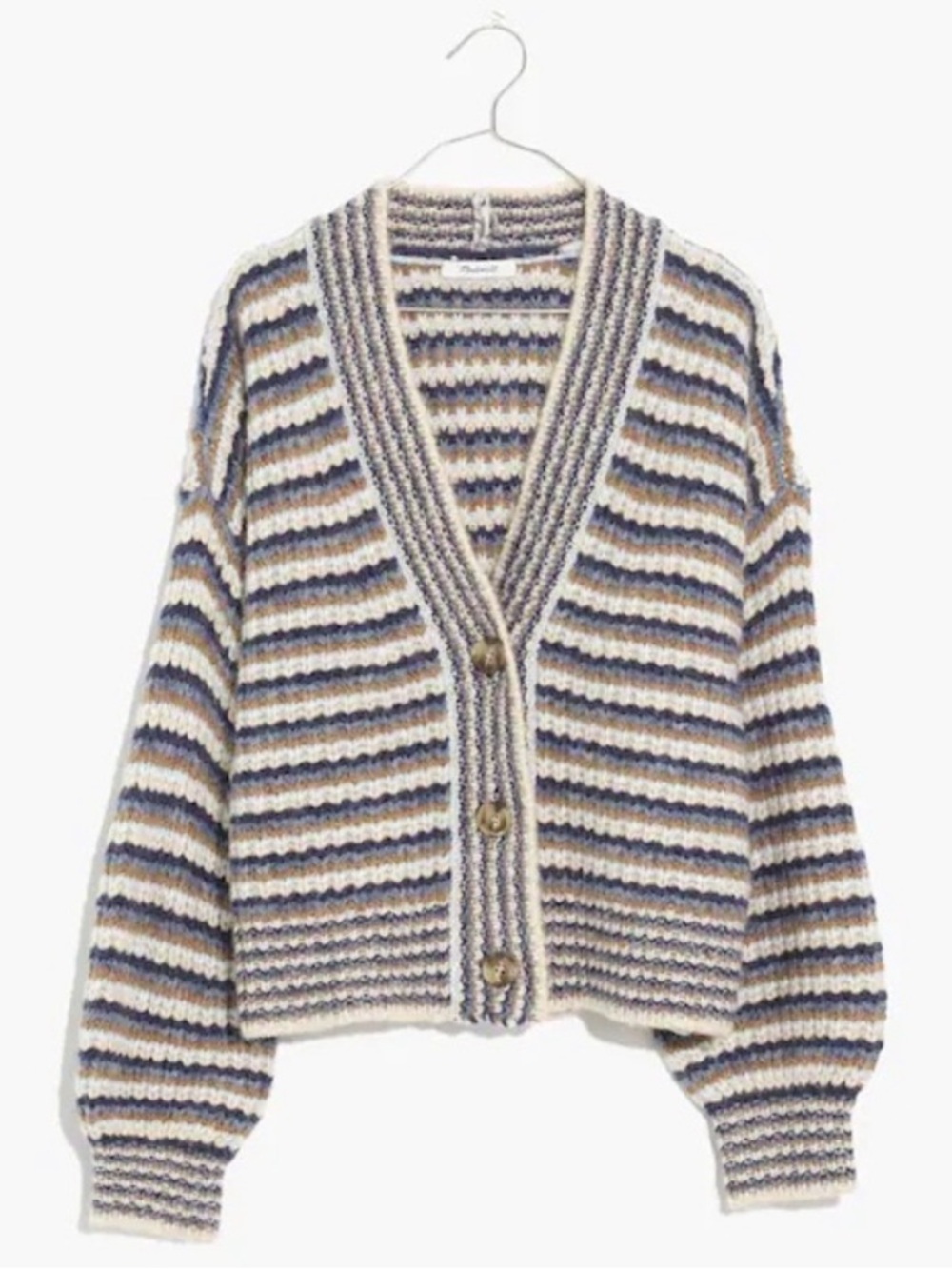 Madewell Striped V-Neck Button Cardigan in Blue and Cream